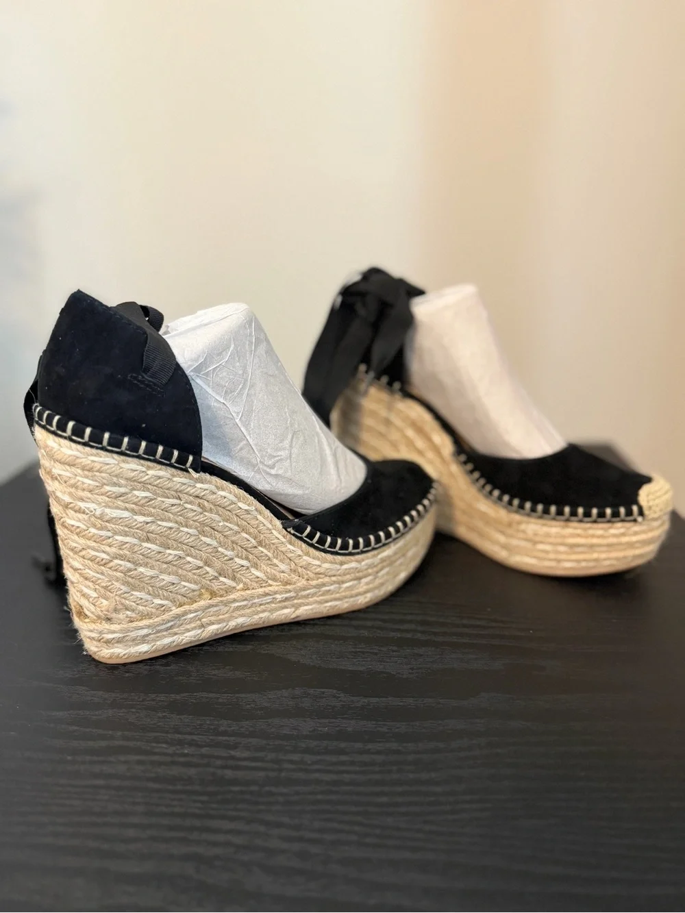Steve Madden Black Suede Espadrille Wedge Sandals with Rope Platform